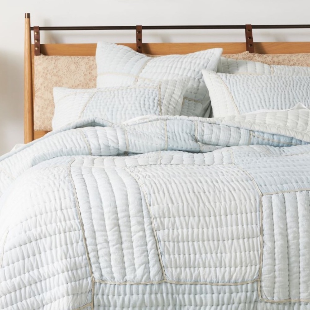 Anthropologie Ellery Kantha quilt Euro Sham, light blue